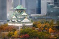 Osaka Castle with Japanese garden and city office building skyscraper at autumn season in Osaka, Japan. Japan tourism, history Royalty Free Stock Photo