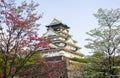 Osaka castle at the sunset with cherry blossom. Japanese spring beautiful scene.