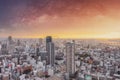 Osaka city, Business district in Japan at sunrise with starry sky. City background Royalty Free Stock Photo