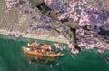 OSAKA,JAPAN-APRIL 4,2019:Tourist sightseeing Boat ride around the Osaka Castle.Cherry blossom around Osaka castle,Japan