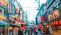 OSAKA, JAPAN - 05/06/2019; Crowd of people walking in Dotonburi, the famous shopping center in Osaka, Japan