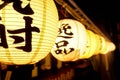 Closeup Black Japanese texts on paper lantern hanging under Japanese restaurant eaves on night