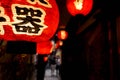 Closeup Black Japanese texts on red paper lantern hanging under Japanese restaurant eaves Royalty Free Stock Photo
