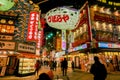 Japanese restaurant signs in puffer fish paper lantern shape and neon signs with city night life Royalty Free Stock Photo