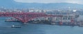 Panoramic aerial view of Osaka bay area with Minato bridge in Osaka, Japan