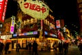 Japanese restaurant signs in puffer fish paper lantern shape and neon signs with city night life