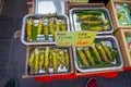 OSAKA, JAPAN - JULY 18, 2017: Close up of fresh wasabi root inside of a silver tray, are sold along the street at Royalty Free Stock Photo