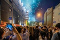 Osaka, Japan - July 25, 2023: Crowd recording video on smartphones of fireworks at Tenjin Matsuri Festival