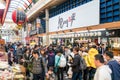 Osaka, Japan - 3 Mar 2018; Japanese local people, tourists and travelers walking and eating at Kuromon Ichiba Market fish market