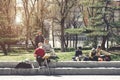 OSAKA, JAPAN, MARCH 27: An old man drawing at front of Osaka Castle. Royalty Free Stock Photo