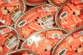 Closeup and crop packing sliced beef for sale at Kuromon Ichiba market