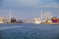 Osaka japan - november8,2018 : beautiful tempoza ferris and  hanshin expresssway bridge crossing aji river in osaka city japan Royalty Free Stock Photo