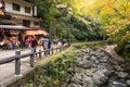 OSAKA, JAPAN -NOVEMBER 07, 2019: tourist Autumn season Red Maple Leaf Fall Foliage at Minoo waterfall in osaka, Japan Royalty Free Stock Photo