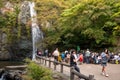 OSAKA, JAPAN -NOVEMBER 07, 2019: tourist Autumn season Red Maple Leaf Fall Foliage at Minoo waterfall in osaka, Japan Royalty Free Stock Photo