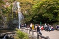 OSAKA, JAPAN -NOVEMBER 07, 2019: tourist Autumn season Red Maple Leaf Fall Foliage at Minoo waterfall in osaka, Japan Royalty Free Stock Photo