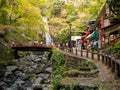 OSAKA, JAPAN -NOVEMBER 07, 2019: tourist Autumn season Red Maple Leaf Fall Foliage at Minoo waterfall in osaka, Japan Royalty Free Stock Photo