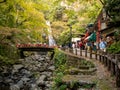 OSAKA, JAPAN -NOVEMBER 07, 2019: tourist Autumn season Red Maple Leaf Fall Foliage at Minoo waterfall in osaka, Japan Royalty Free Stock Photo