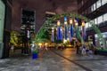 Osaka, Japan. Temple in Osaka in spring, blooming season, cherry blossoms.Decoration of star festival, called `Tanabata`, in Umeda