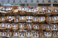 Wooden Ema`s votive plaques hanging at Tsuyunoten Shrine in Osaka