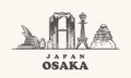 Osaka skyline, Japan vintage illustration, hand drawn buildings.