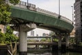 Osaka streets, skyscrapers and aerial train tracks during a hot summer day, Central Osaka, Nakanoshima Island, Japan, Royalty Free Stock Photo