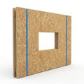 OSB Wall Panel with a Window Opening Secured by Blue Straps on a White Background oriented strand board Royalty Free Stock Photo