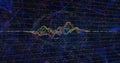 Oscillating red green yellow waveforms undulating in data interface, with glowing network nodes Royalty Free Stock Photo