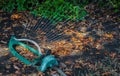 Oscillating sprinkler watering fresh green lawn grass in the autumn garden. Green tub oscillating sprinkler Royalty Free Stock Photo