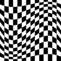 Oscillation, ripple, squeeze warp. Curve, camber element. Wavy, waving distortion on checkered, chequered, chess board pattern.