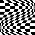 Oscillation, ripple, squeeze warp. Curve, camber element. Wavy, waving distortion on checkered, chequered, chess board pattern.