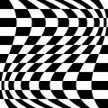 Oscillation, ripple, squeeze warp. Curve, camber element. Wavy, waving distortion on checkered, chequered, chess board pattern.