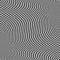 Oscillation, ripple, squeeze warp. Curve, camber element. Wavy, waving distortion on checkered, chequered, chess board pattern.