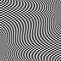 Oscillation, ripple, squeeze warp. Curve, camber element. Wavy, waving distortion on checkered, chequered, chess board pattern.