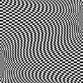 Oscillation, ripple, squeeze warp. Curve, camber element. Wavy, waving distortion on checkered, chequered, chess board pattern.