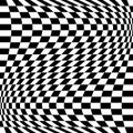 Oscillation, ripple, squeeze warp. Curve, camber element. Wavy, waving distortion on checkered, chequered, chess board pattern.