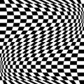 Oscillation, ripple, squeeze warp. Curve, camber element. Wavy, waving distortion on checkered, chequered, chess board pattern.