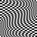 Oscillation, ripple, squeeze warp. Curve, camber element. Wavy, waving distortion on checkered, chequered, chess board pattern.