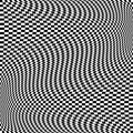 Oscillation, ripple, squeeze warp. Curve, camber element. Wavy, waving distortion on checkered, chequered, chess board pattern.