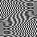 Oscillation, ripple, squeeze warp. Curve, camber element. Wavy, waving distortion on checkered, chequered, chess board pattern.