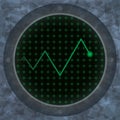 Oscilloscope screen with a zig-zag trace.