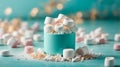 ose-up of marshmallow on turquoise background. wide banner