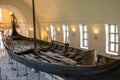 Oseberg ship excavated from ship burial archeological site, exhibited in Viking Ship Museum on Bygdoy peninsula of Oslo, Norway Royalty Free Stock Photo