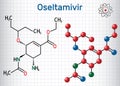 Oseltamivir antiviral drug molecule. Sheet of paper in a cage. Structural chemical formula and molecule model