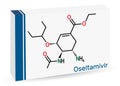 Oseltamivir antiviral drug molecule. Skeletal chemical formula. Paper packaging for drugs
