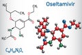 Oseltamivir antiviral drug molecule. Structural chemical formula and molecule model