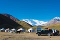 Morning Landscape of Lenin Peak 7134m at Tourist Yurt camp of Tulpar Kol Lake in Alay Valley, Osh, Kyrgyzstan.