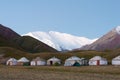 Morning Sunlight Landscape of Lenin Peak 7134m at Tourist Yurt camp of Tulpar Kol Lake in Alay Valley, Osh, Kyrgyzstan. Royalty Free Stock Photo