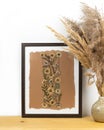 Oshibana floristry botanical pressed flower art. Composition of dry plants. Dried wildflowers frame on beige background.