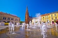 Osijek main square fountain and cathedral view