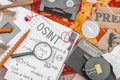 OSINT-themed creative workspace with vintage tools, handwritten notes, and press elements Royalty Free Stock Photo
